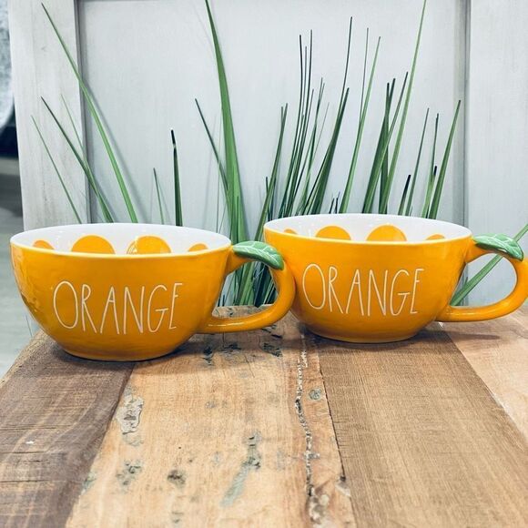 NWT Set of 2,Gorgeous Rae Dunn ORANGE Glossy Ceramic Mugs Set with leaf handle - Picture 7 of 17